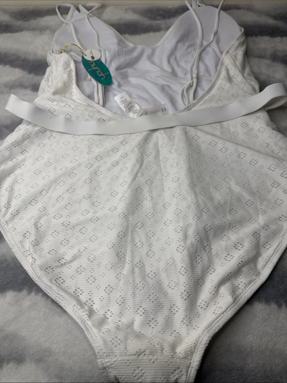 Mynah White Eyelet One-Piece Swimsuit with Decorative Ring Belt
